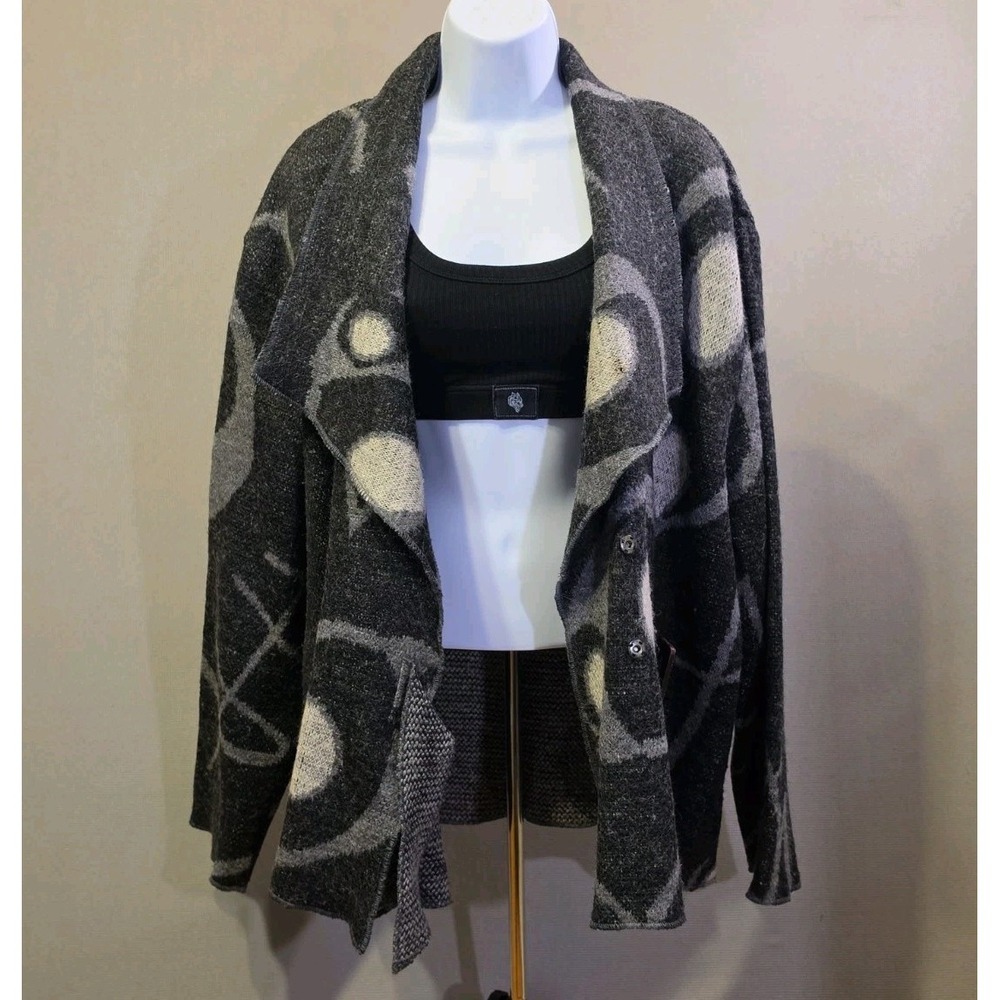 Vtg Marisa Christina Boiled Wool Cardigan Jacket 3X Abstract Geometric Gray Coat